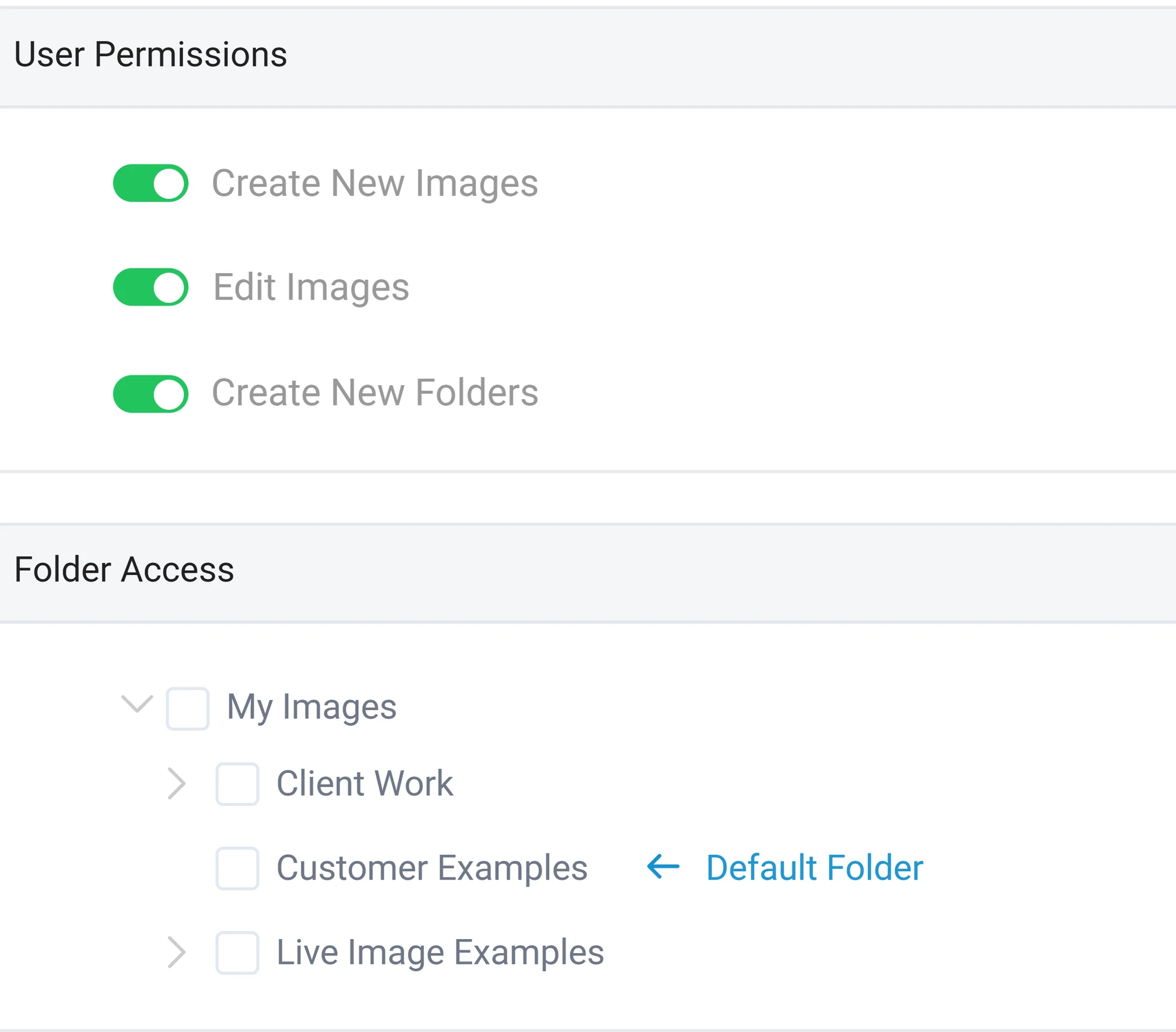 User details showing Create New Images, Edit Images and Create New Folders permissions, above folder access
