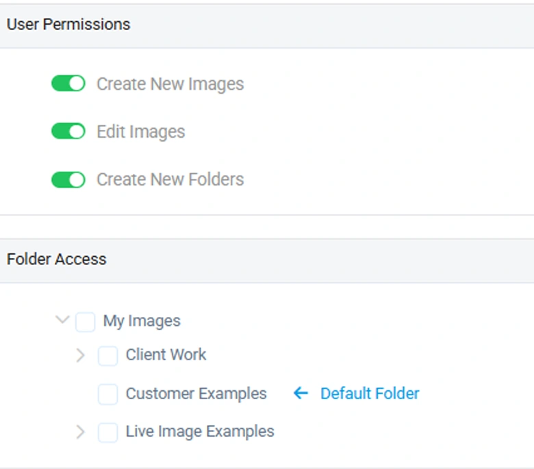 User details showing Create New Images, Edit Images and Create New Folders permissions, above folder access
