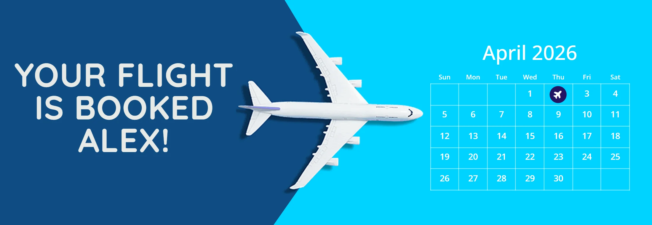 Flight confirmation examples that change the traveler's name, month and highlighted departure date
