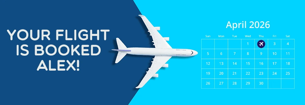 Flight confirmation examples that change the traveler's name, month and highlighted departure date