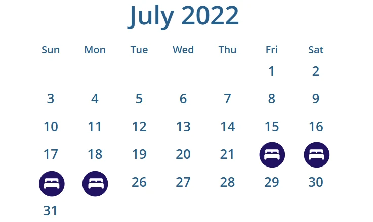 Calendar detail from the Waikiki hotel example with four July dates marked for a stay