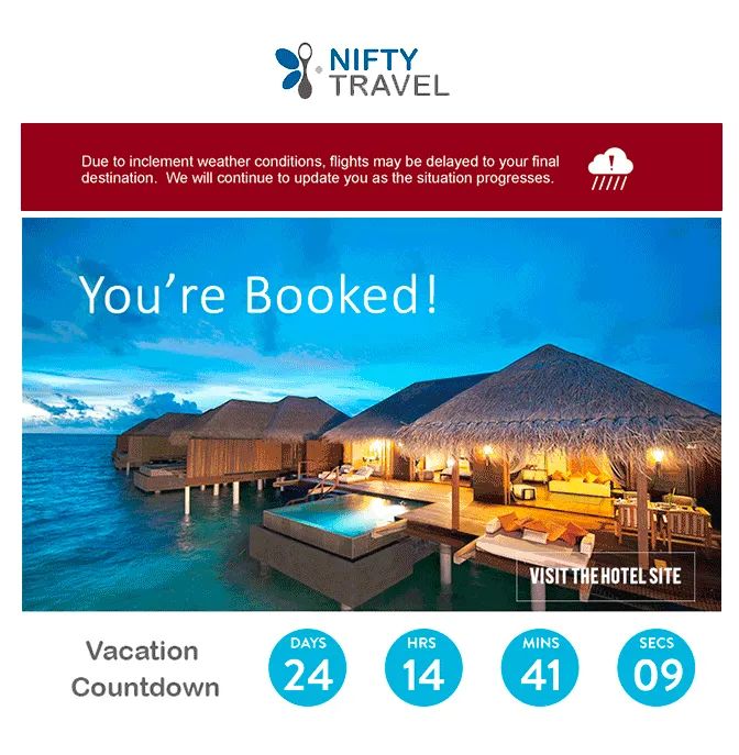 Travel booking email with a red flight-delay alert above the original vacation offer