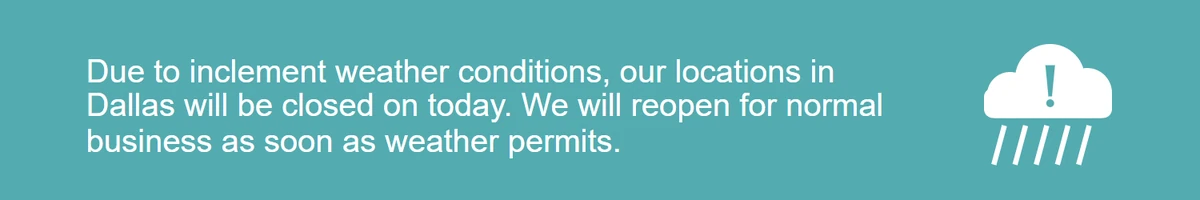 Teal weather alert announcing a temporary closure of Dallas stores