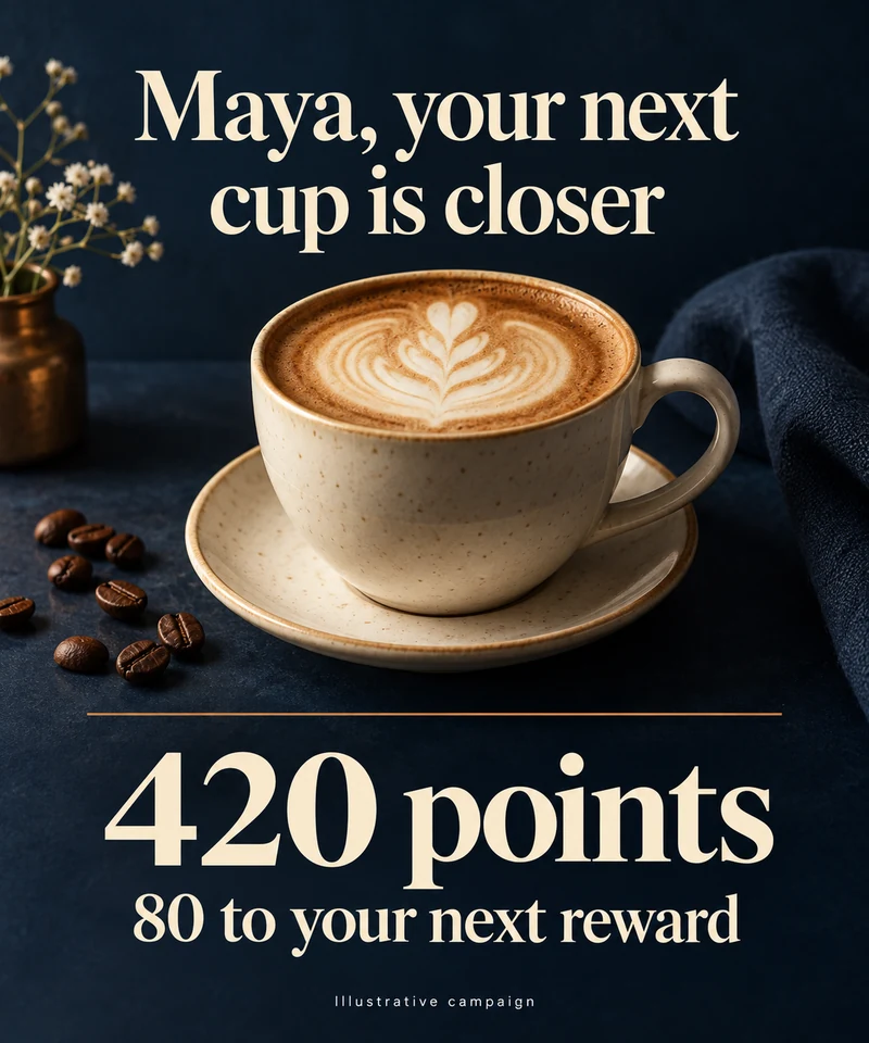 Illustrative loyalty campaign for Maya showing 420 points and 80 points to her next reward