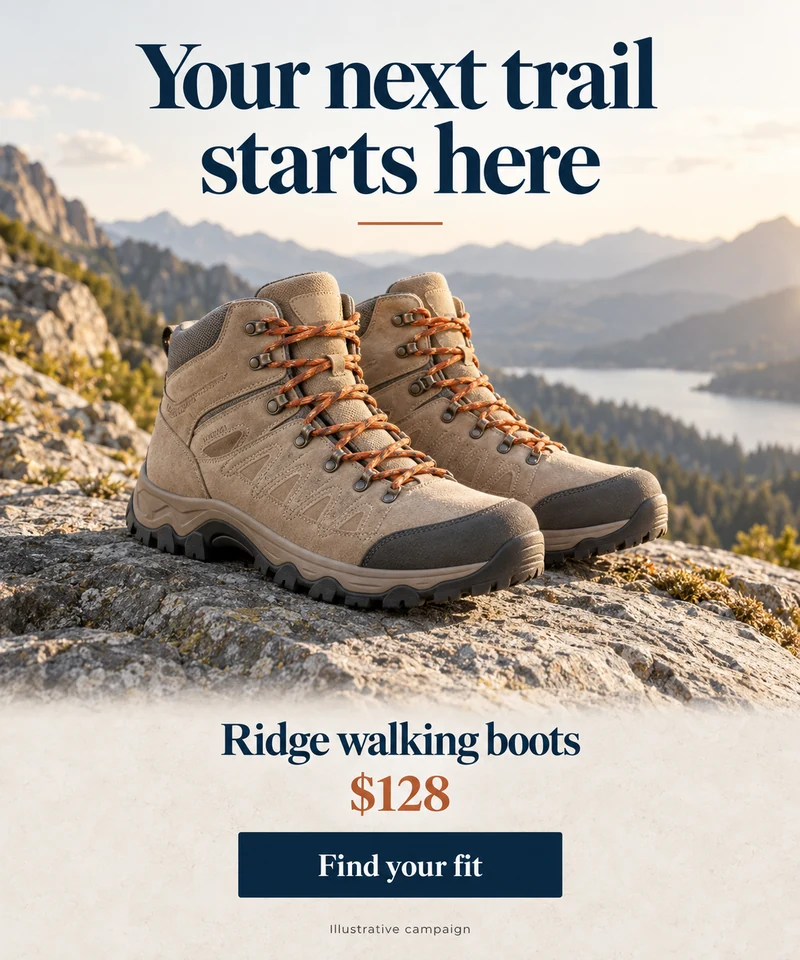 Result for product TR-014: Ridge walking boots priced at $128, matching the selected Data Store record. Illustrative campaign.