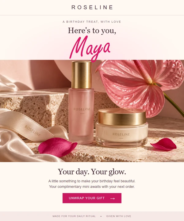 Birthday email with Maya's name in pink script above a skincare gift