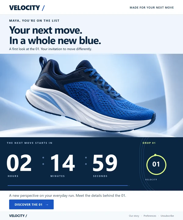 Velocity running shoe launch email with a countdown to the collection's release