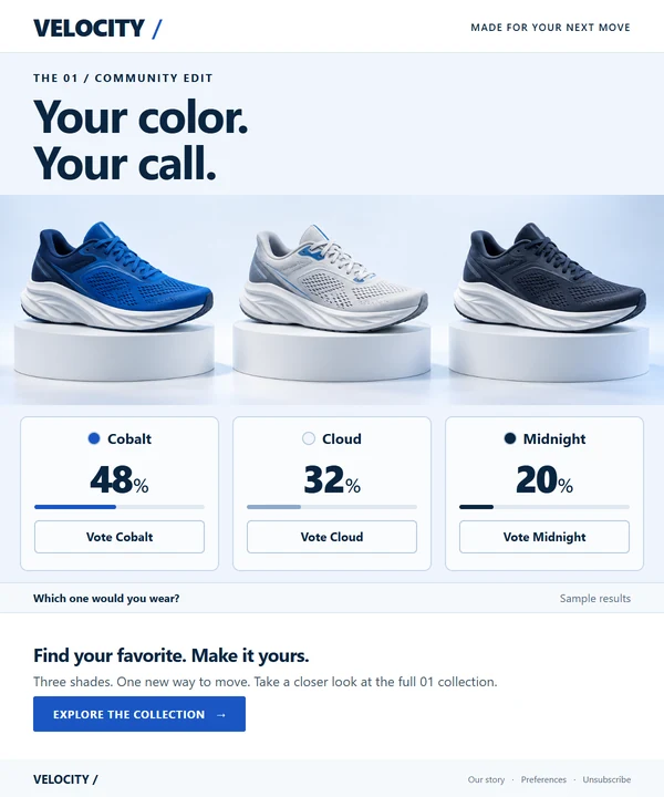 Illustrative three-shoe color poll with voting options and sample results