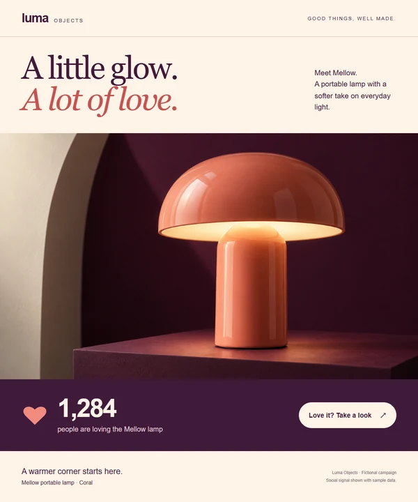 Luma lamp campaign with a sample interest count and an invitation to take a closer look