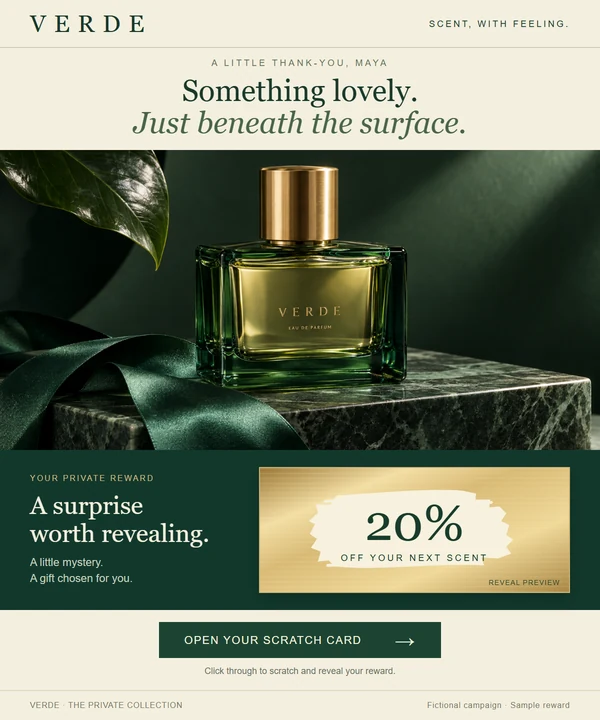 Verde fragrance email inviting Maya to open a scratch card, with a preview of a sample discount