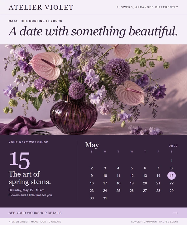 Atelier Violet workshop invitation with May 15 circled in a May 2027 calendar