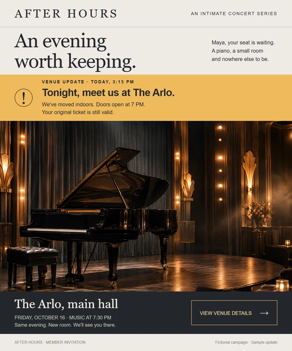 Concert invitation with an amber venue update banner above a grand piano