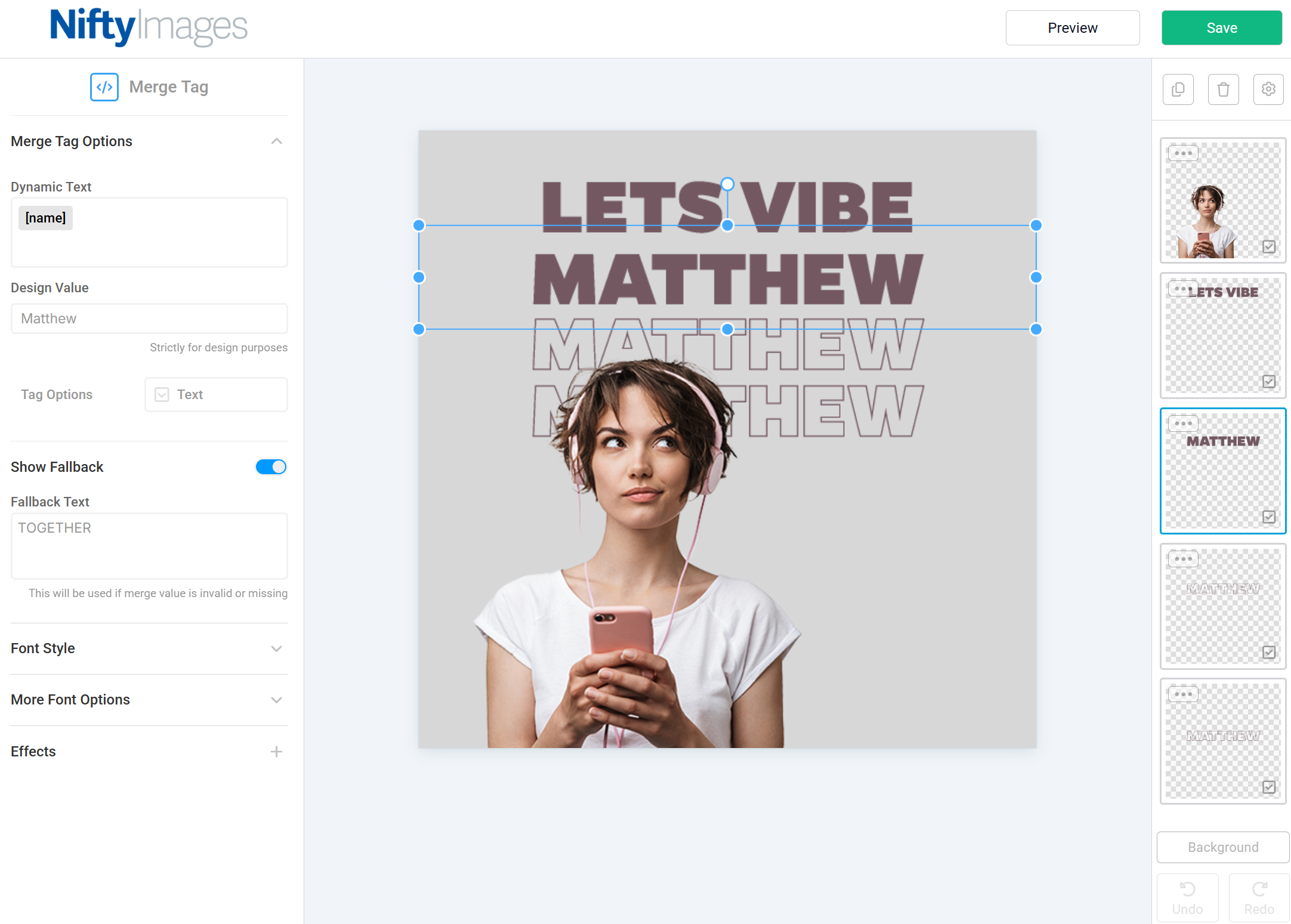 NiftyImages personalized image editor showing a dynamic email creative