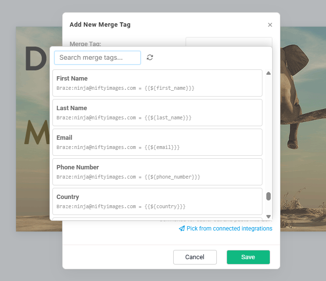 NiftyImages merge-tag picker listing Braze attributes such as First Name and Email with their ready-to-insert Liquid tags