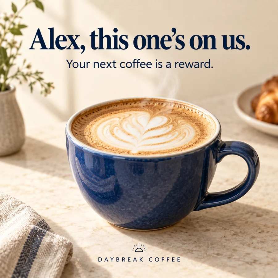 Illustrative coffee reward image personalized for Alex: Alex, this one's on us. Your next coffee is a reward.