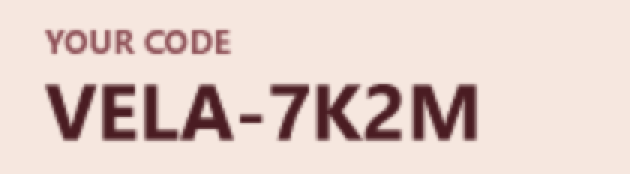 Close-up of today's image on a phone: the words YOUR CODE and VELA-7K2M have blurred edges