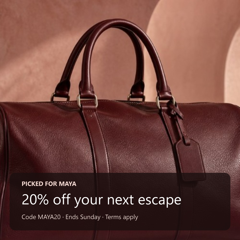 Illustrative Vela offer made with Retina Images: a burgundy leather weekender with the text Picked for Maya, 20% off your next escape, code MAYA20, ends Sunday.