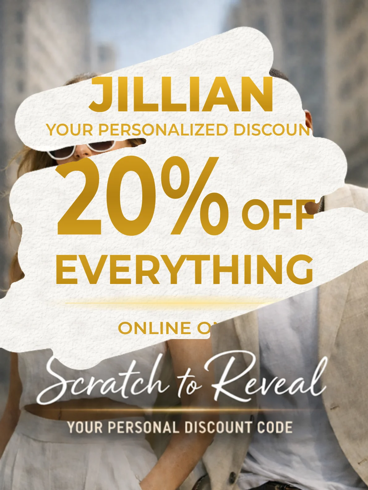 Example fashion offer partly scratched away to reveal Jillian's name and 20% off