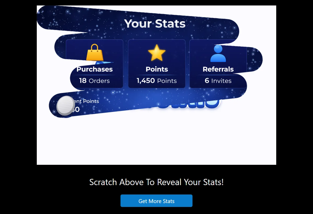 Animated demonstration of a scratch cover revealing a member's purchases, points and referrals