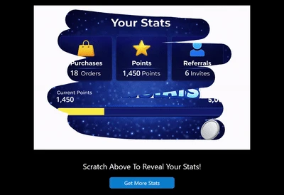 Animated demonstration of a scratch cover revealing a member's purchases, points and referrals
