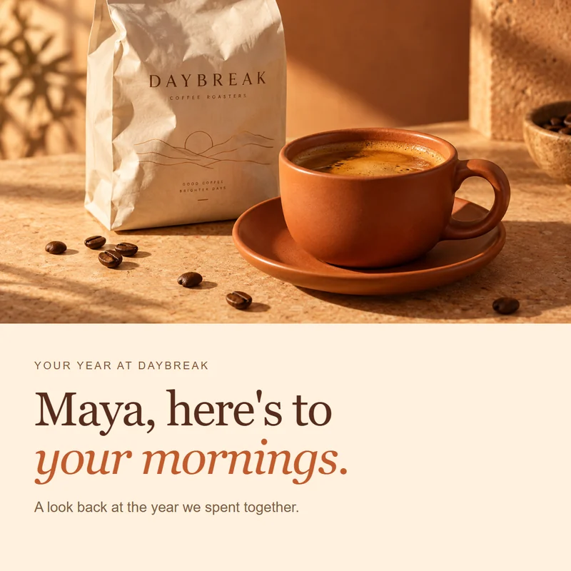 Illustrative coffee shop recap for Maya: a greeting by name, 214 cups and her usual order, a chart with March as her busiest month, then a free coffee offer