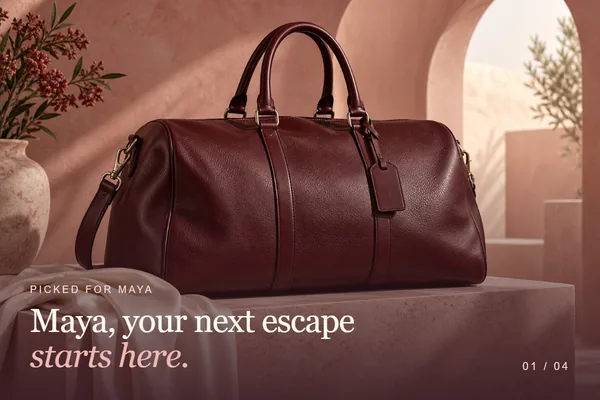 Slide one: a weekender bag with the line Maya, your next escape starts here
