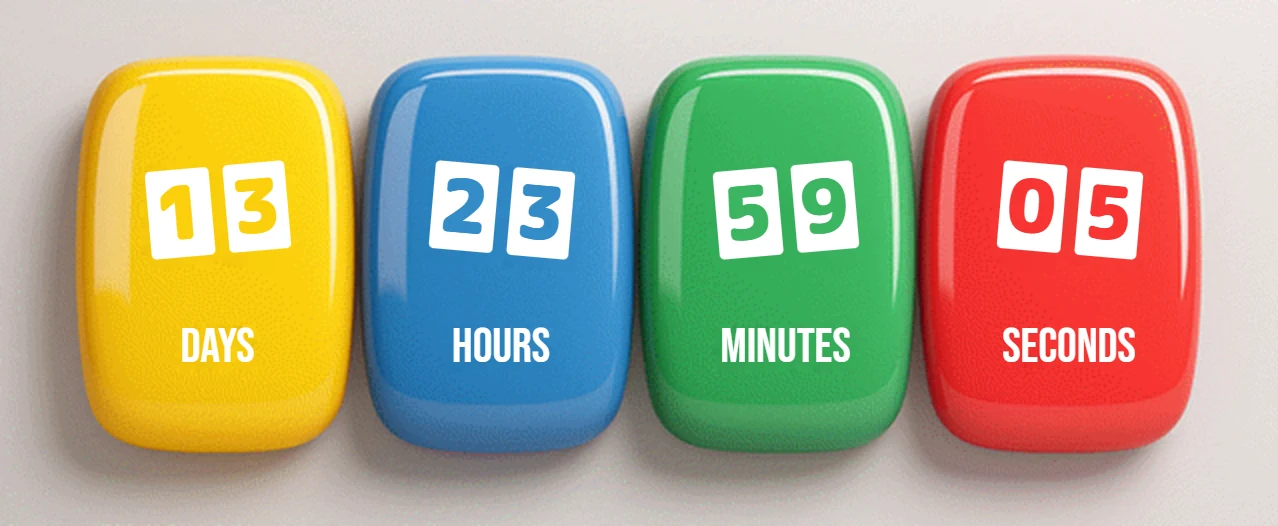 Yellow, blue, green and red time components in a dimensional countdown design