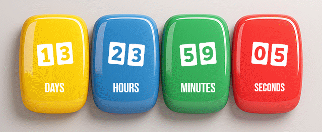 Yellow, blue, green and red time components in a dimensional countdown design