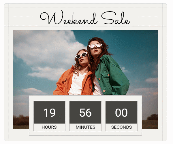 Weekend Sale campaign photograph with a countdown at the bottom