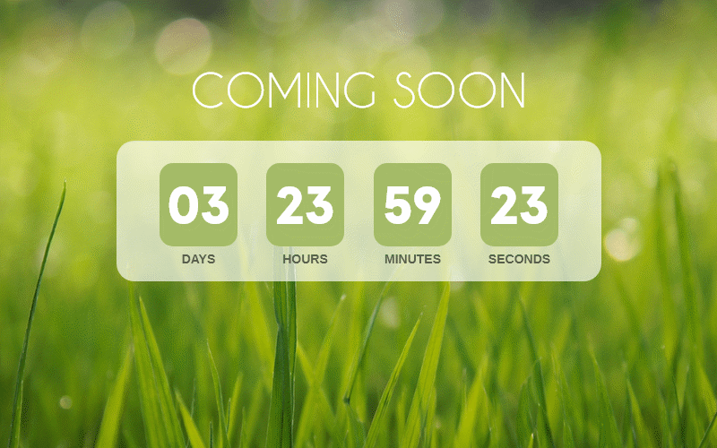 Coming Soon countdown over a sunlit grass photograph