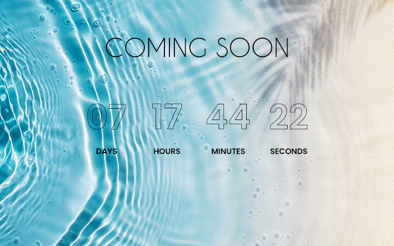 Coming Soon countdown over a swimming-pool photograph
