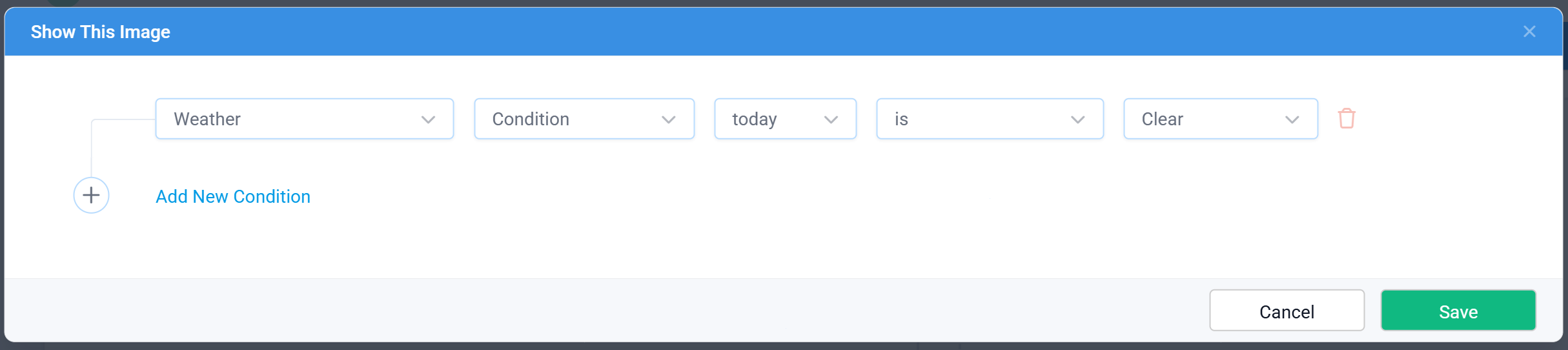 Rule Set condition builder showing a rule that displays an image when today's weather condition is Clear